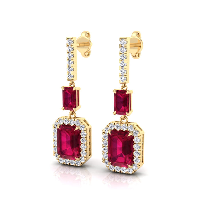 Natural Red Ruby Emerald Shape & Diamond Drop Earrings- Yellow Gold - 4.5CT
