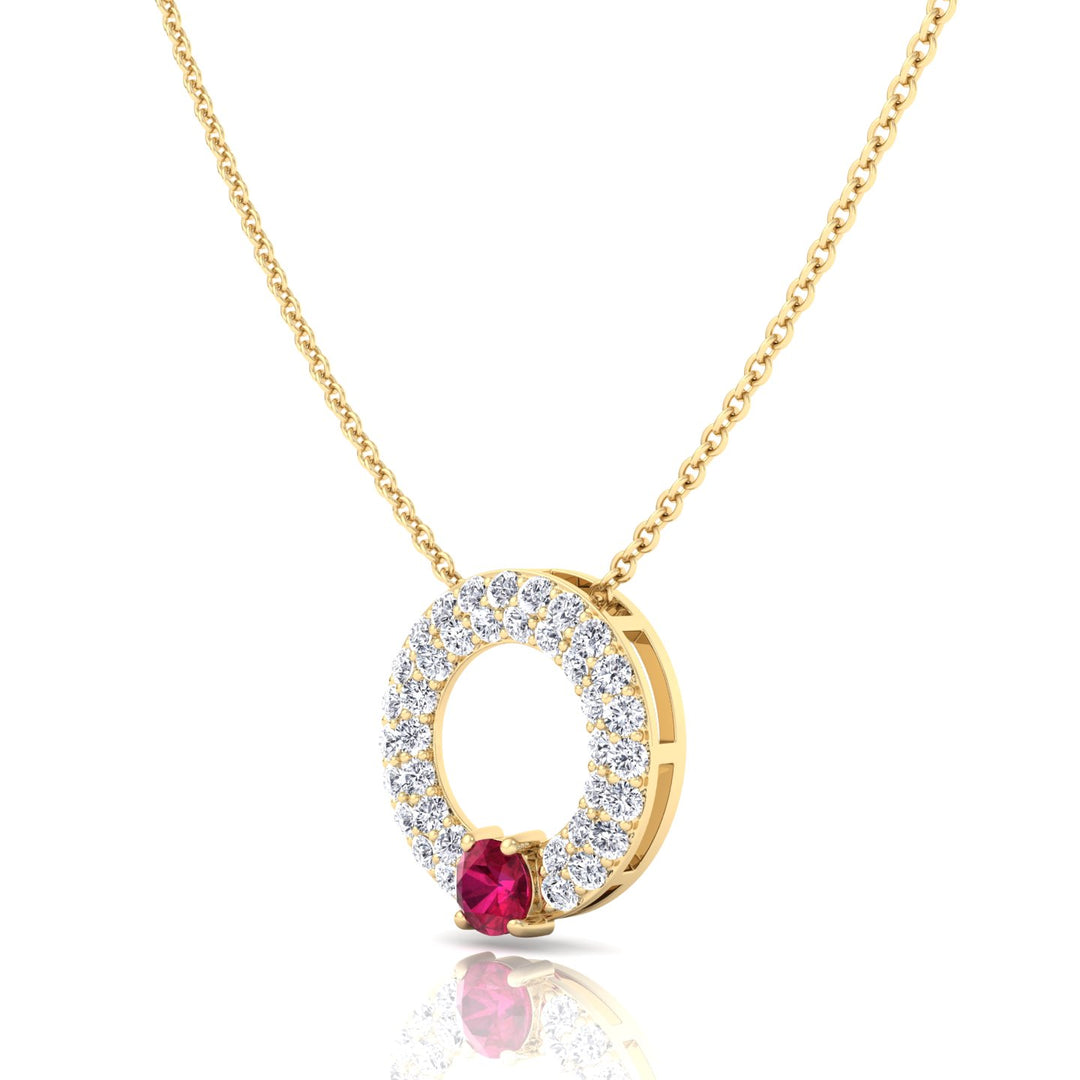 Round Shape Natural Diamond & Red Ruby Open Circle Pendant-1.25CT-18K-Yellow Gold