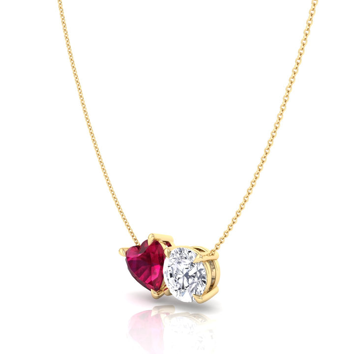 Toi Et Moi Natural Ruby Heart and Round Diamond Pendant -4CT-14K-18K-Yellow Gold