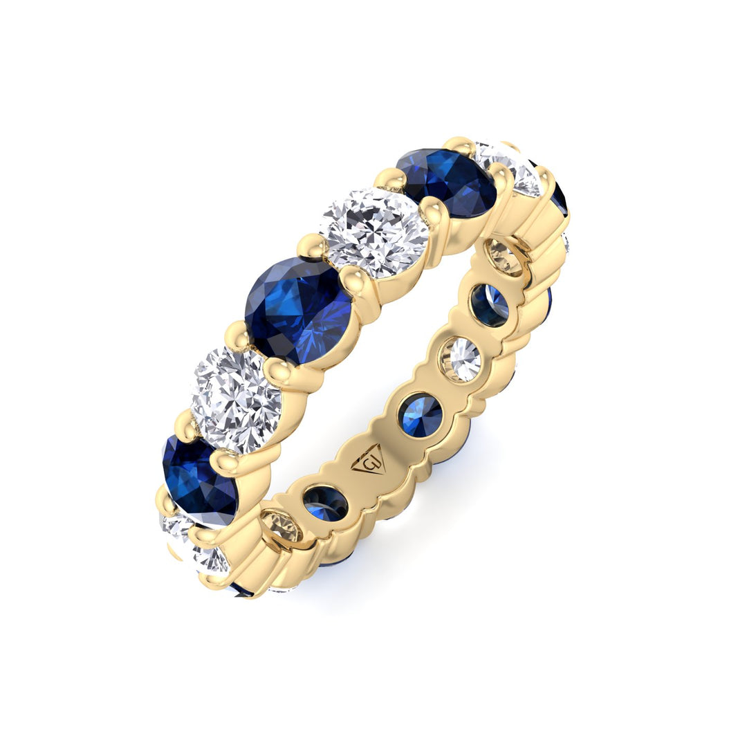 Round Alternating Natural Blue Sapphire and Diamonds Eternity Band  Yellow Gold 18K