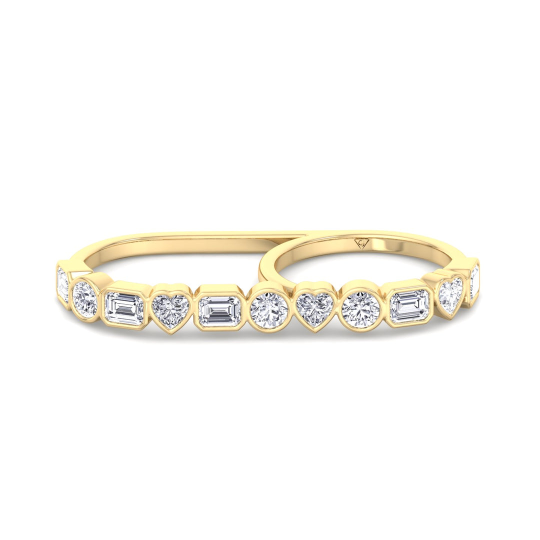 Fancy Bezel Multi Shape Natural Diamond Two Finger Ring Yellow Gold 2CT