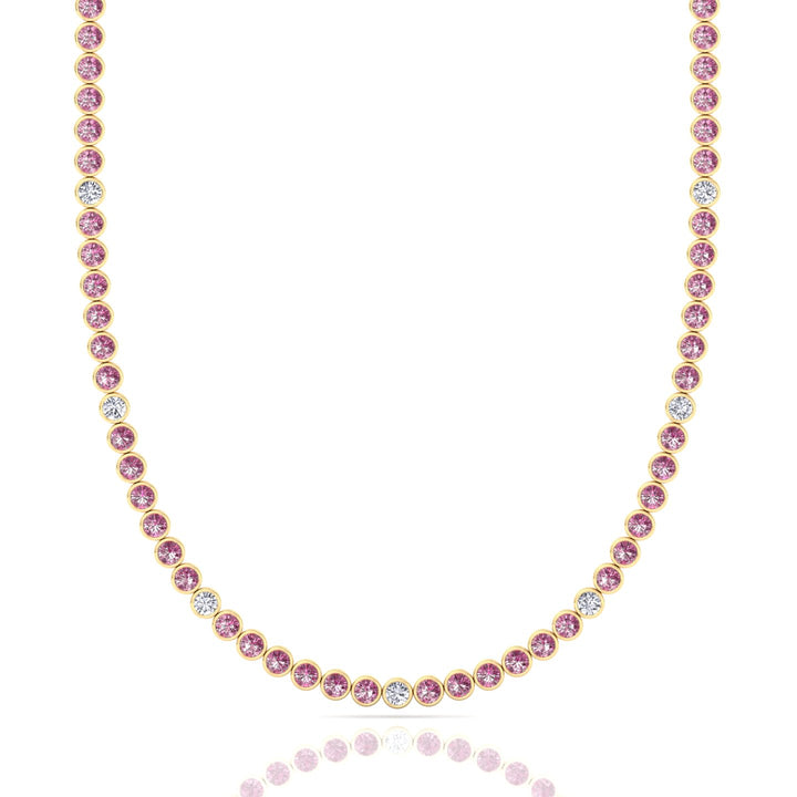 Bezel Set Natural Pink Sapphire Tennis Necklace with Diamonds
Yellow Gold