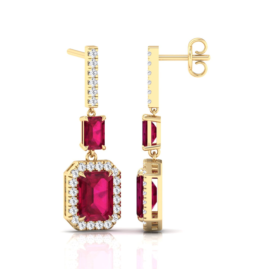 Natural Red Ruby Emerald Shape & Diamond Drop Earrings- Yellow Gold - 18K- 14K