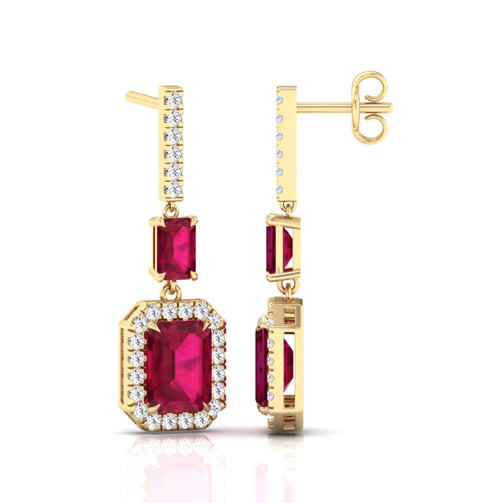 Natural Red Ruby Emerald Shape & Diamond Drop Earrings- Yellow Gold - 18K- 14K