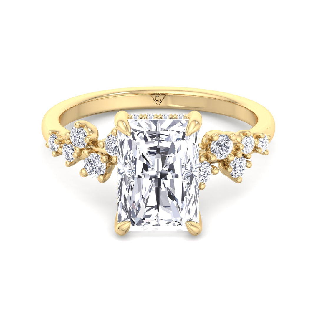 Carmela - Radiant Shape Hidden Halo Diamond Engagement Ring With Clustered Side Stones - Gem Jewelers Co