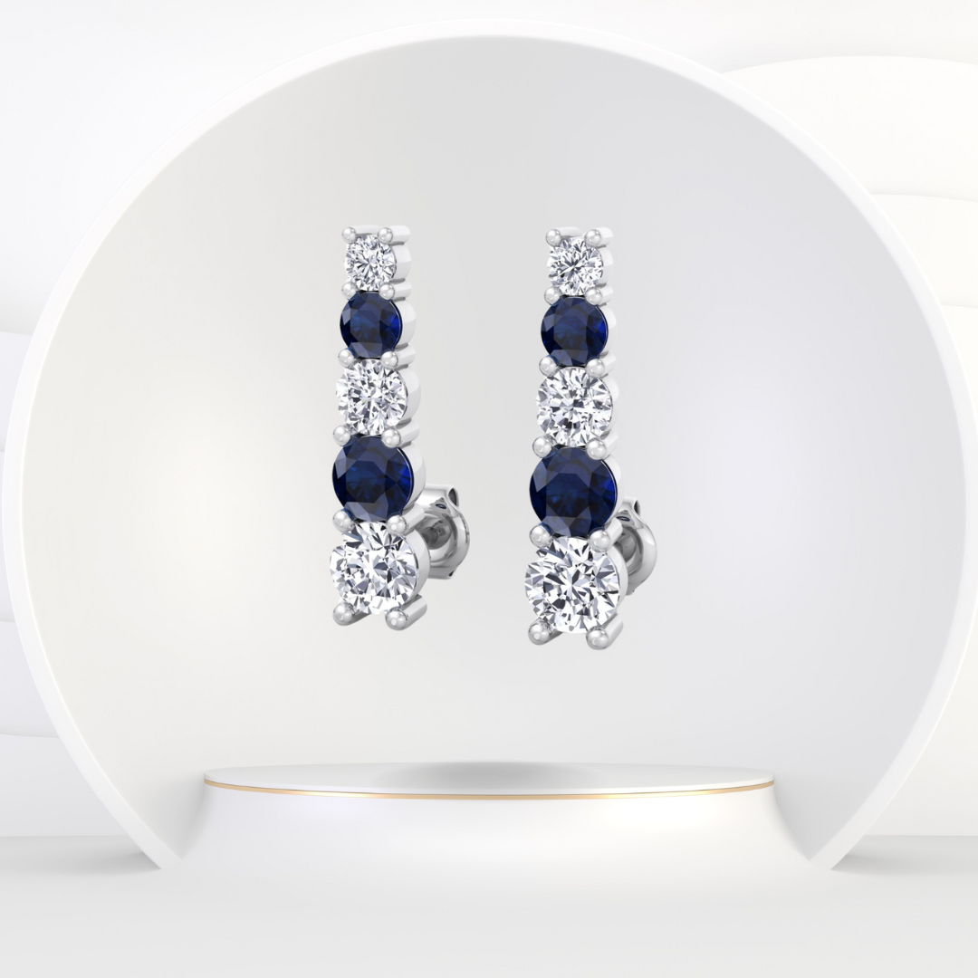 Graduated Natural Diamond and Blue Sapphire Climber Earrings-3CT-Platinum