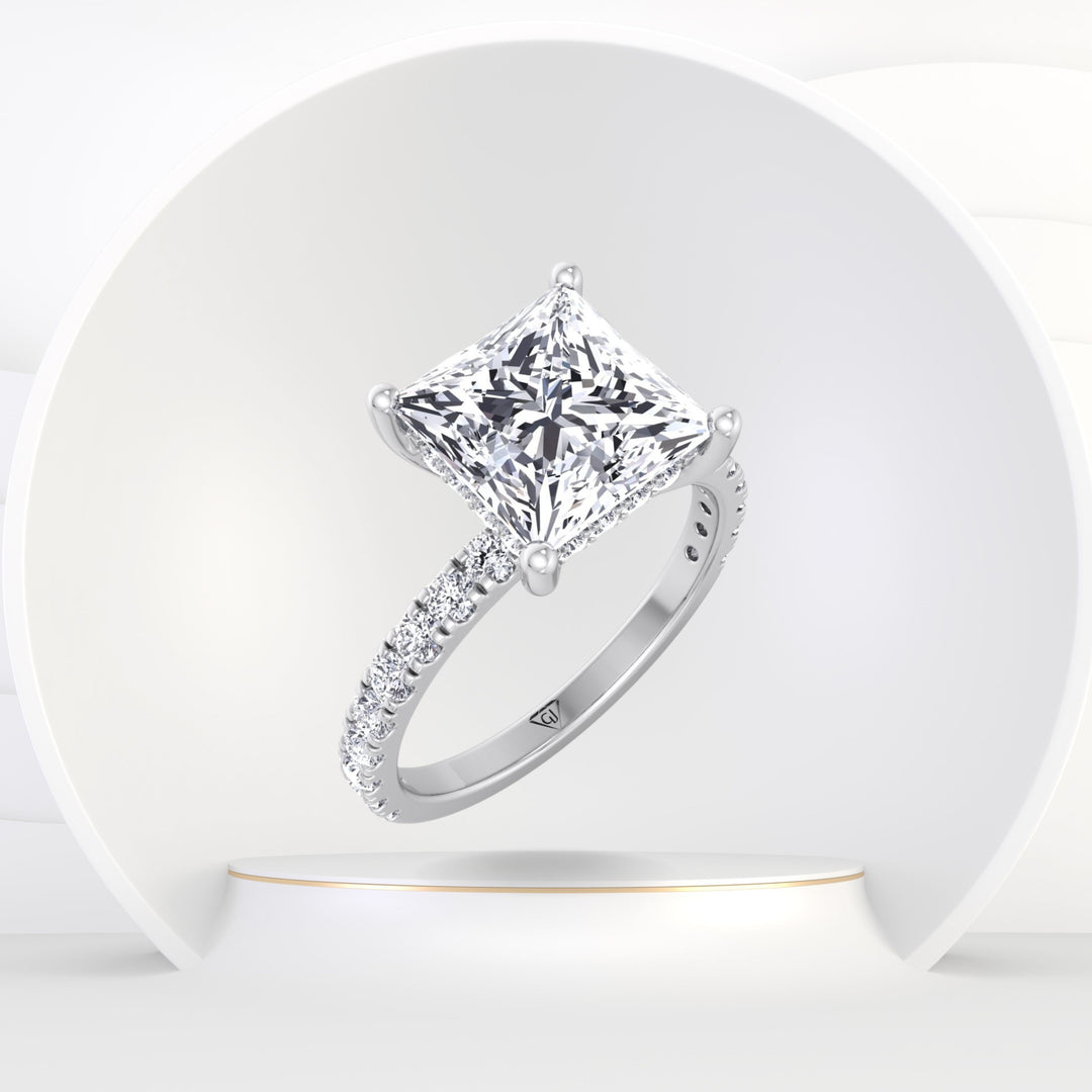 Madella - Princess Shape Hidden Halo Diamond Engagement Ring with Pave Band - Gem Jewelers Co