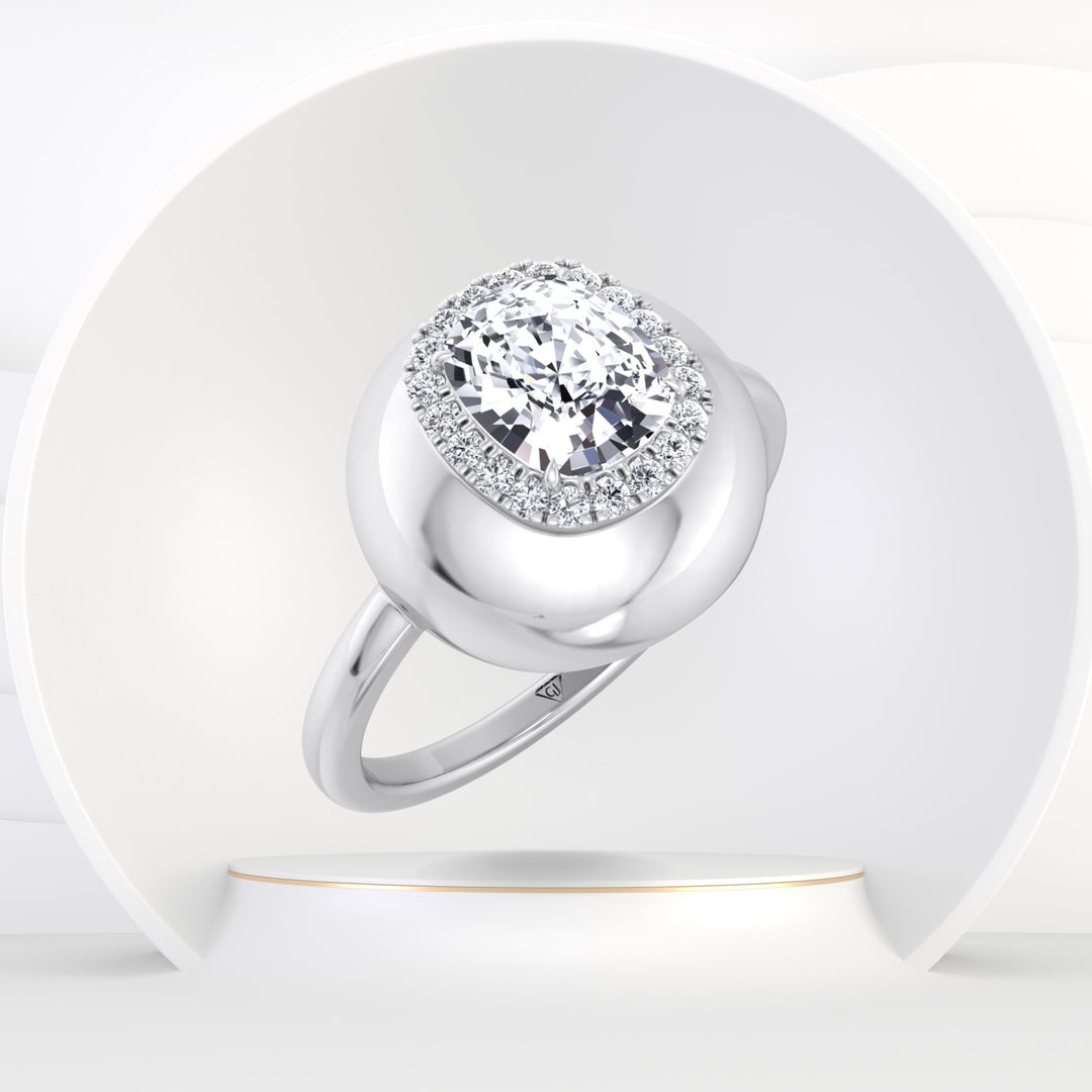 Inez - Bubble Bezel Cushion Shape Halo Diamond Engagement Ring - Gem Jewelers Co
