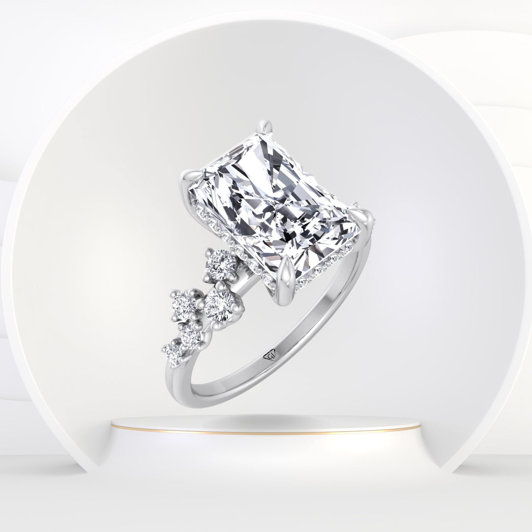 Carmela - Radiant Shape Hidden Halo Diamond Engagement Ring With Clustered Side Stones - Gem Jewelers Co