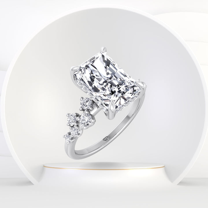 Carmela - Radiant Shape Hidden Halo Diamond Engagement Ring With Clustered Side Stones - Gem Jewelers Co