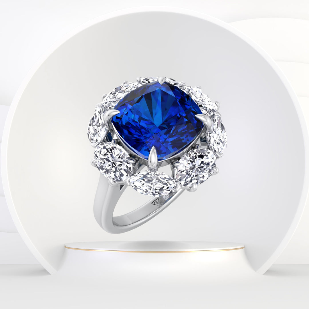 Valeria - Cushion Shape Blue Sapphire Engagement Ring With Oval and Marquise Diamond Side Stones - Gem Jewelers Co