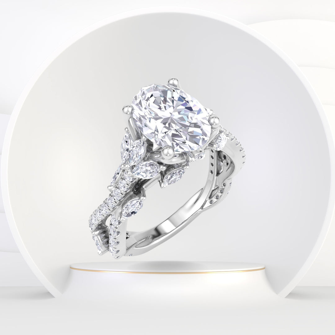 Fiorella - Oval Shape Diamond Engagement Ring with Marquise Shape Side stones and Twisted Pave Band - Gem Jewelers Co