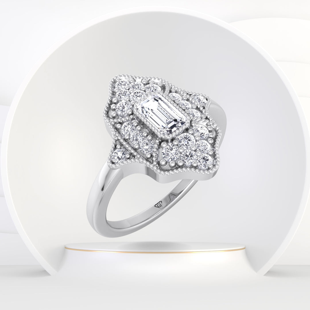 Ornella - Vintage Style Emerald Shape Diamond Engagement Ring With Round Side Stone - Gem Jewelers Co