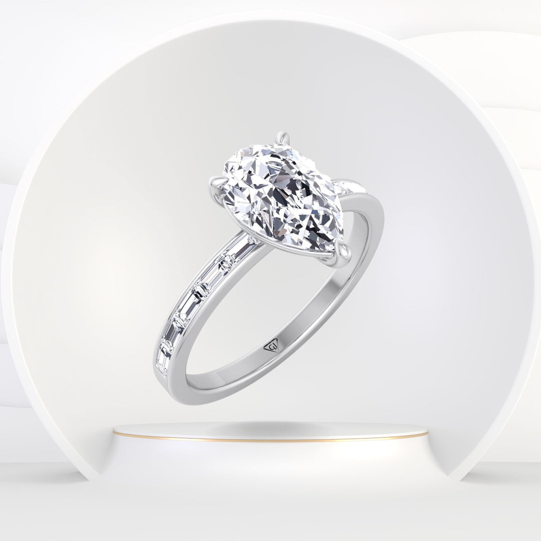 Gina - Pear Shape Diamond Engagement Ring with Baguette Shape Channel Set Side Stone Band - Gem Jewelers Co