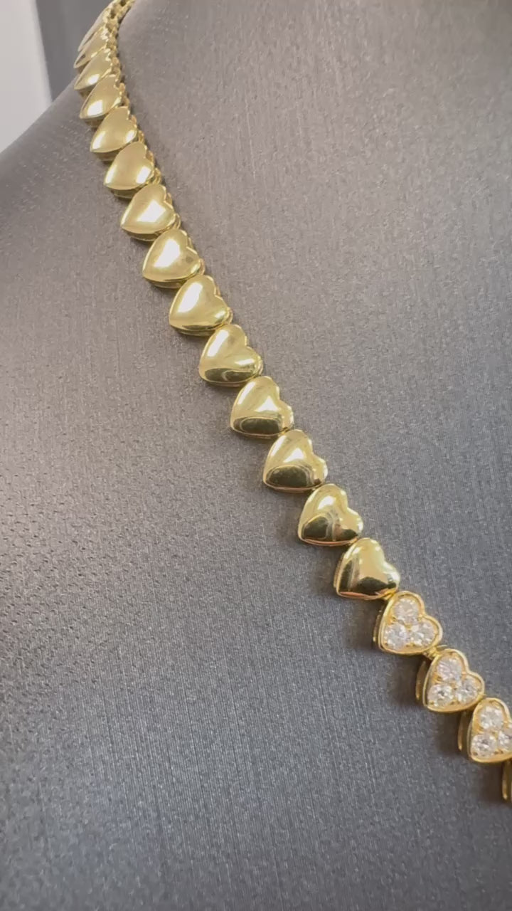2 Carat Half Way Heart Shape Cluster Natural Diamond Tennis Necklace in Bezel Setting 14K Yellow Gold