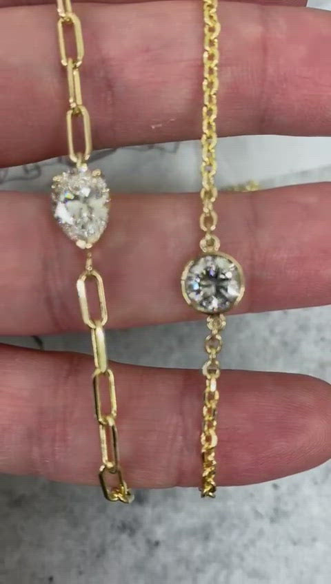 round-cut-bezel-set-rolo-chain-diamond-solitaire-bracelet-in-14k-yellow-gold-and-pear-cut-diamond-solitaire-paper-clip-bracelet-in-solid-yellow-gold