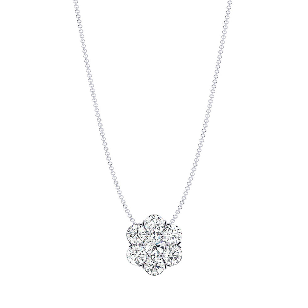 Flower Cluster Natural Diamond Pendant, White Gold, On Neck