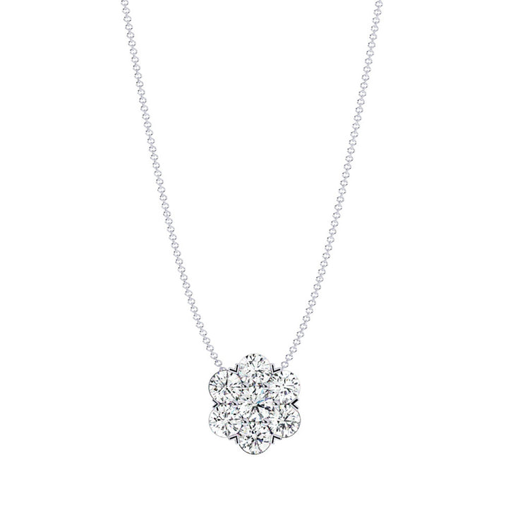 Flower Cluster Natural Diamond Pendant, White Gold, On Neck