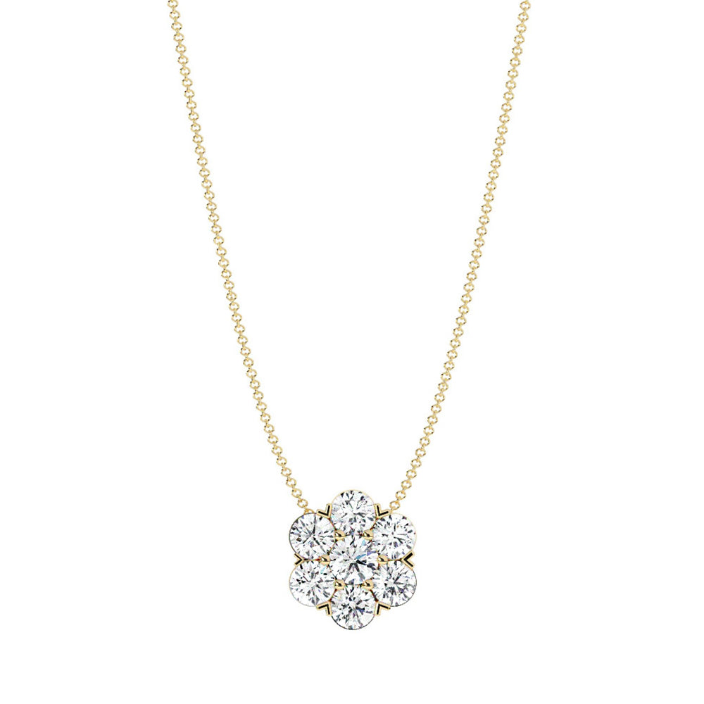 Flower Cluster Natural Diamond Pendant, Yellow Gold, On Neck