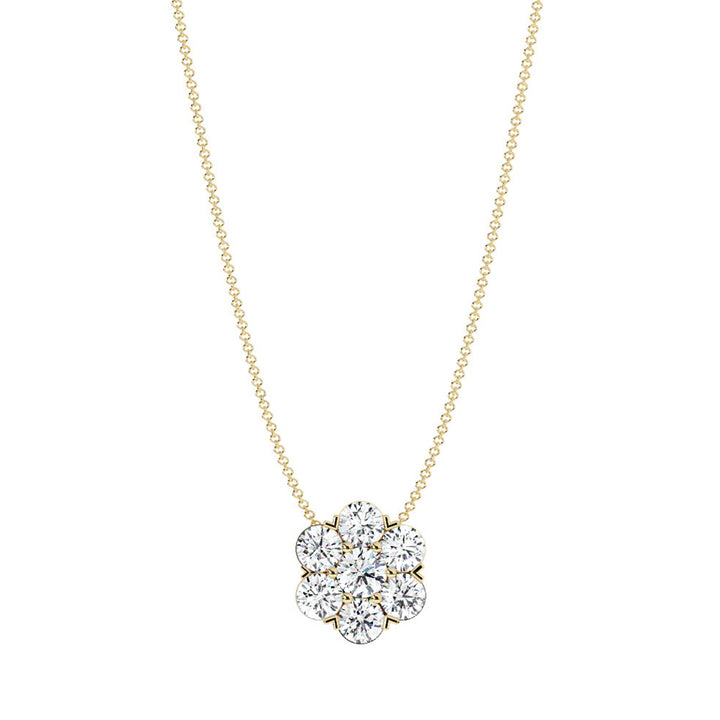 Flower Cluster Natural Diamond Pendant, Yellow Gold, On Neck