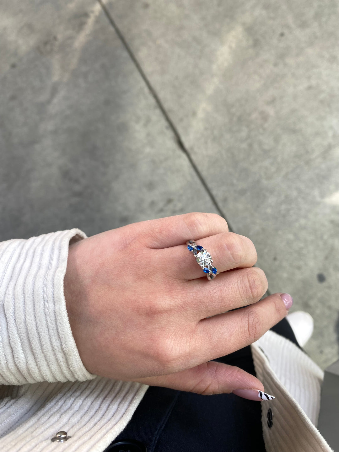 Sfera (2.85CT T.W.) - Round Cut Diamond Engagement Ring with Blue Sapphire Marquise Shape Sidestones - Gem Jewelers Co