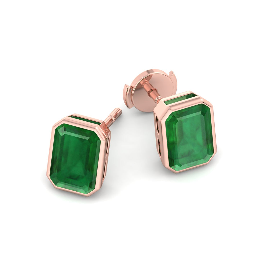Chia - Emerald Cut Emerald Bezel Set Earrings - Gem Jewelers Co