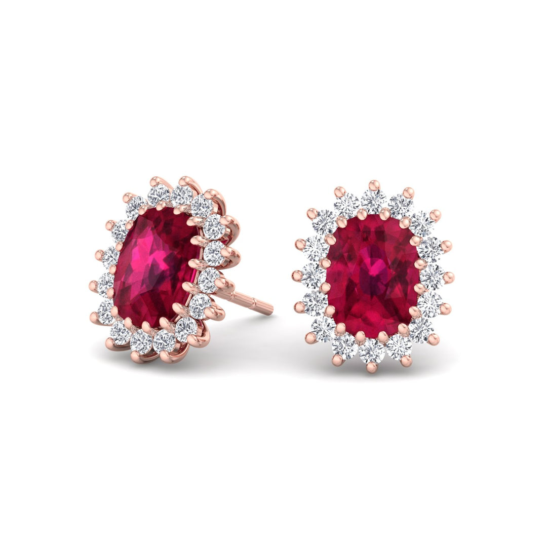 Flamme - Oval Cut Ruby and Diamond Halo Flower Style Earrings - Gem Jewelers Co