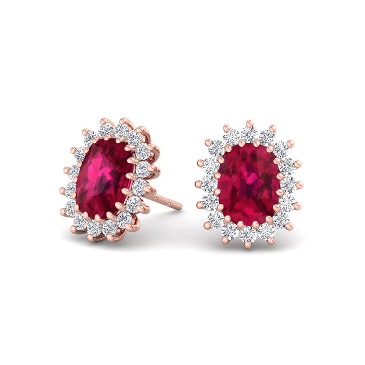 Flamme - Oval Cut Ruby and Diamond Halo Flower Style Earrings - Gem Jewelers Co
