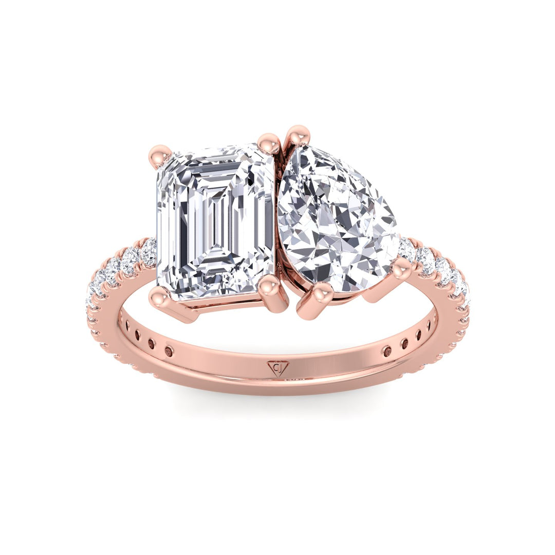 Evie - Emerald & Pear Shape Diamond Engagement Ring With Pave Band - Gem Jewelers Co