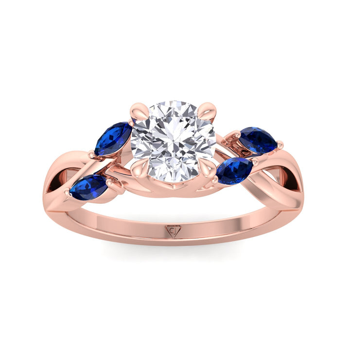 Sfera (2.85CT T.W.) - Round Cut Diamond Engagement Ring with Blue Sapphire Marquise Shape Sidestones - Gem Jewelers Co