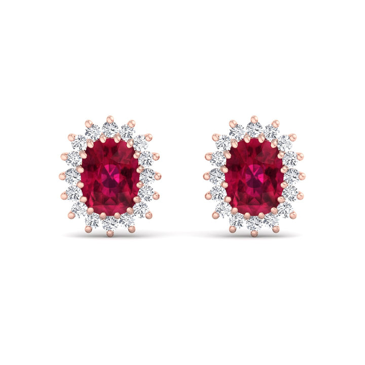 Flamme - Oval Cut Ruby and Diamond Halo Flower Style Earrings - Gem Jewelers Co