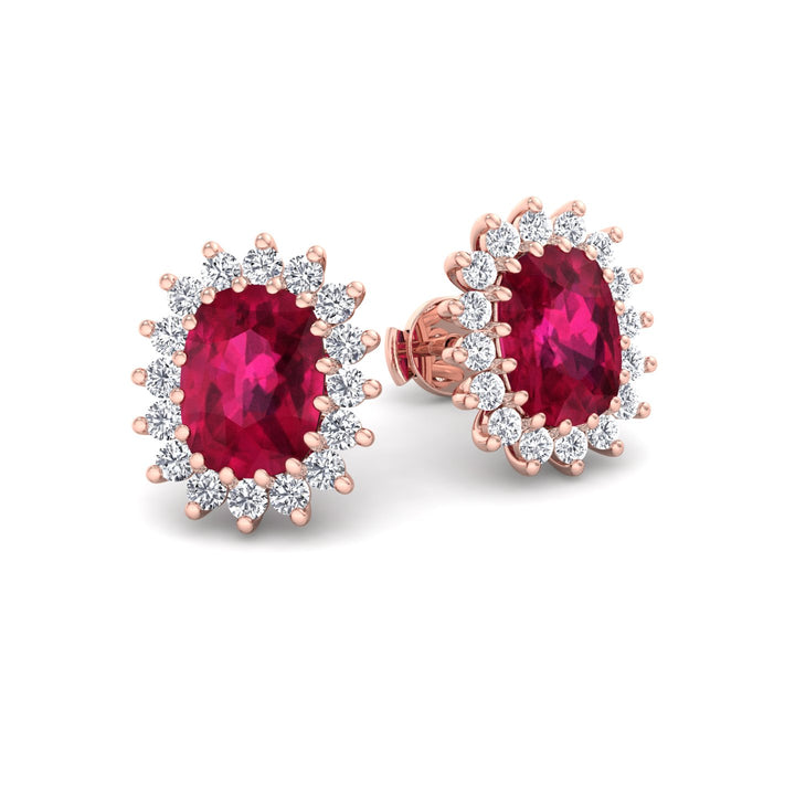 Flamme - Oval Cut Ruby and Diamond Halo Flower Style Earrings - Gem Jewelers Co