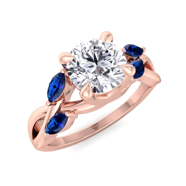 Sfera (2.85CT T.W.) - Round Cut Diamond Engagement Ring with Blue Sapphire Marquise Shape Sidestones - Gem Jewelers Co