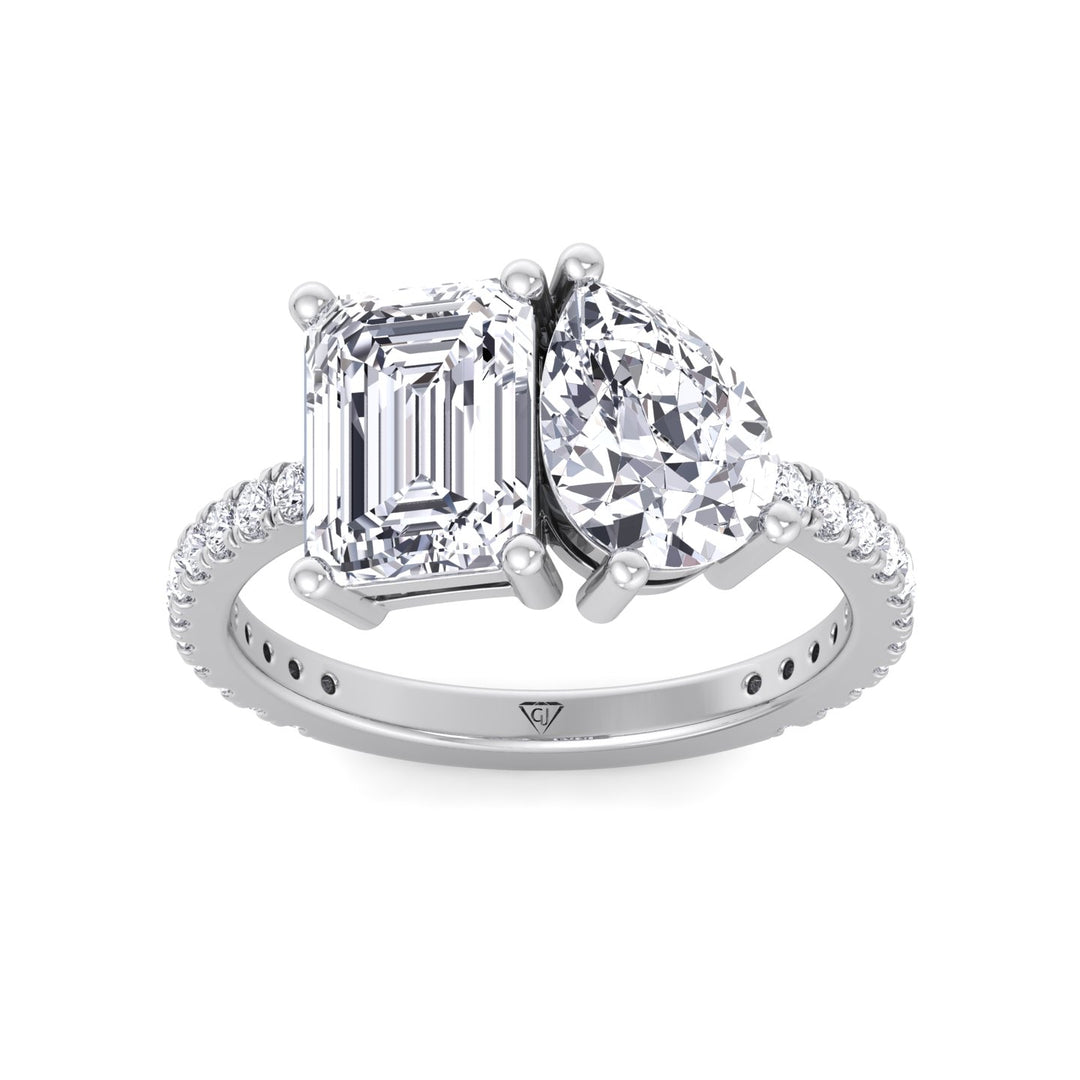 Evie - Emerald & Pear Shape Diamond Engagement Ring With Pave Band - Gem Jewelers Co