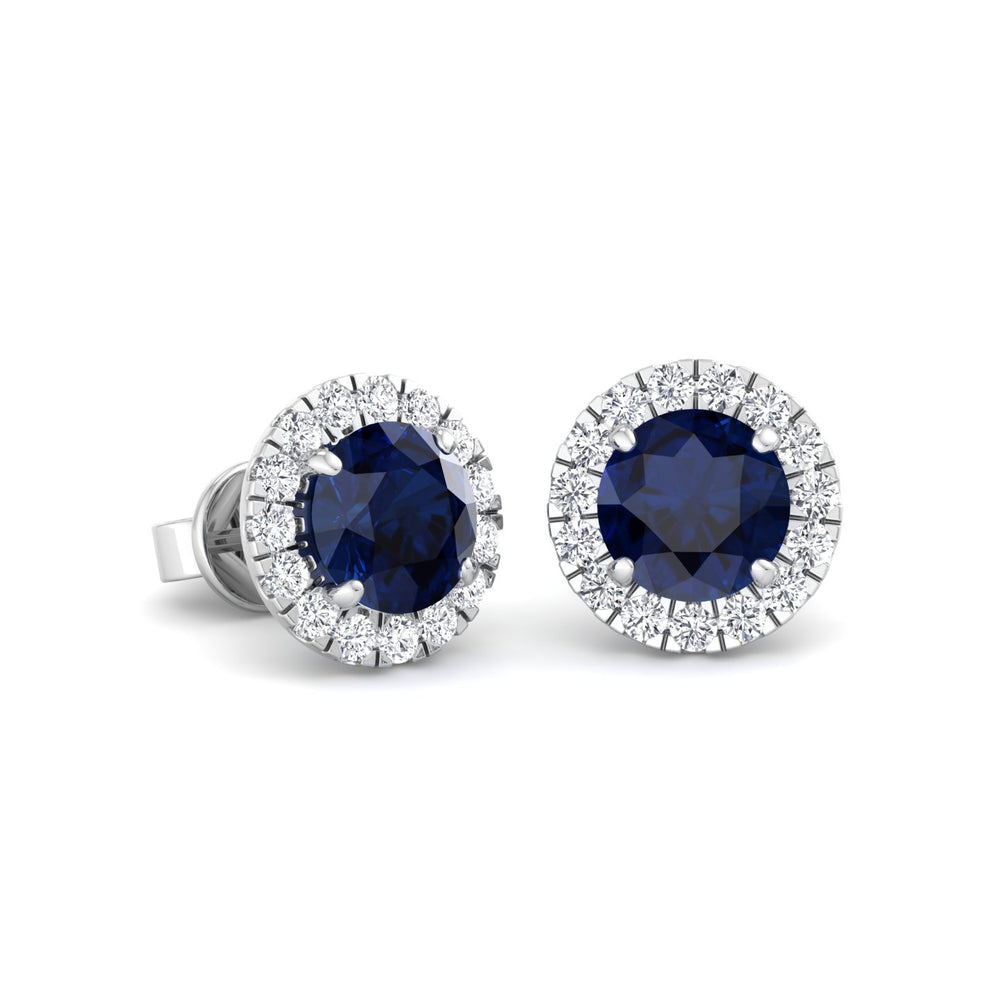 Tiber - Round Cut Blue Sapphire & Diamond Halo Earrings - Gem Jewelers Co