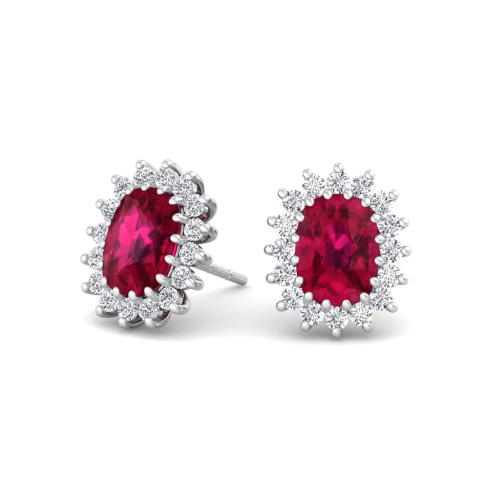 Flamme - Oval Cut Ruby and Diamond Halo Flower Style Earrings - Gem Jewelers Co