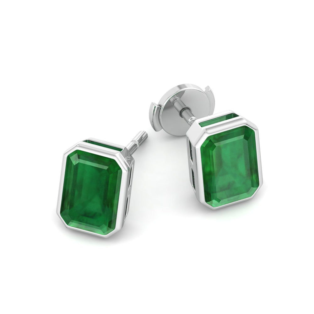 Chia - Emerald Cut Emerald Bezel Set Earrings - Gem Jewelers Co