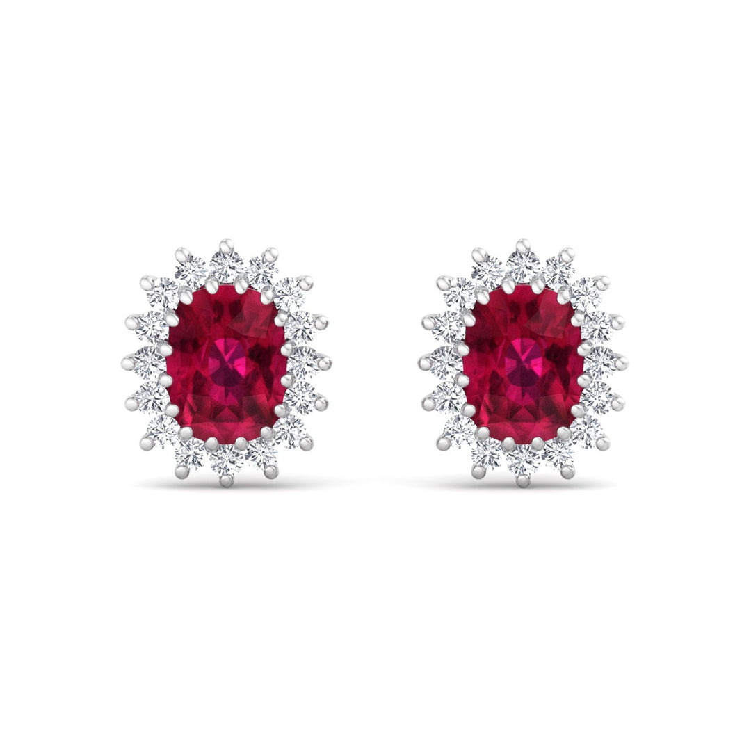 Flamme - Oval Cut Ruby and Diamond Halo Flower Style Earrings - Gem Jewelers Co