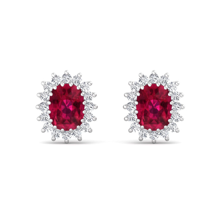 Flamme - Oval Cut Ruby and Diamond Halo Flower Style Earrings - Gem Jewelers Co
