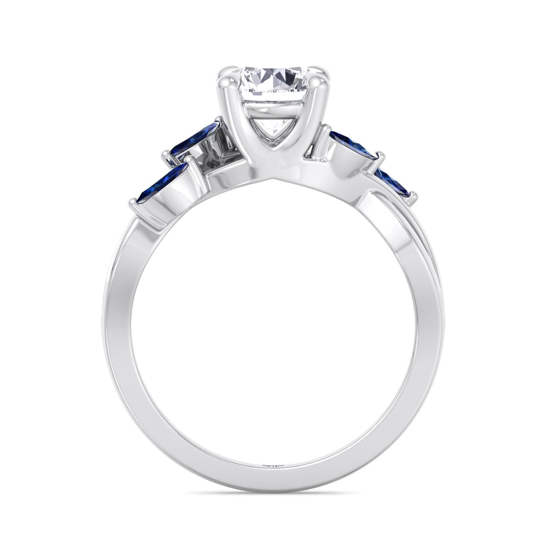 Sfera (2.85CT T.W.) - Round Cut Diamond Engagement Ring with Blue Sapphire Marquise Shape Sidestones - Gem Jewelers Co