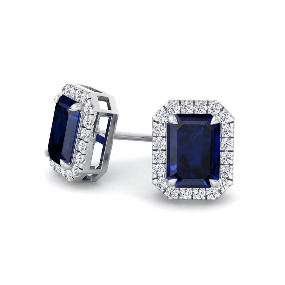 Calcolo - Emerald Cut Sapphire and Diamond Halo Earrings - Gem Jewelers Co