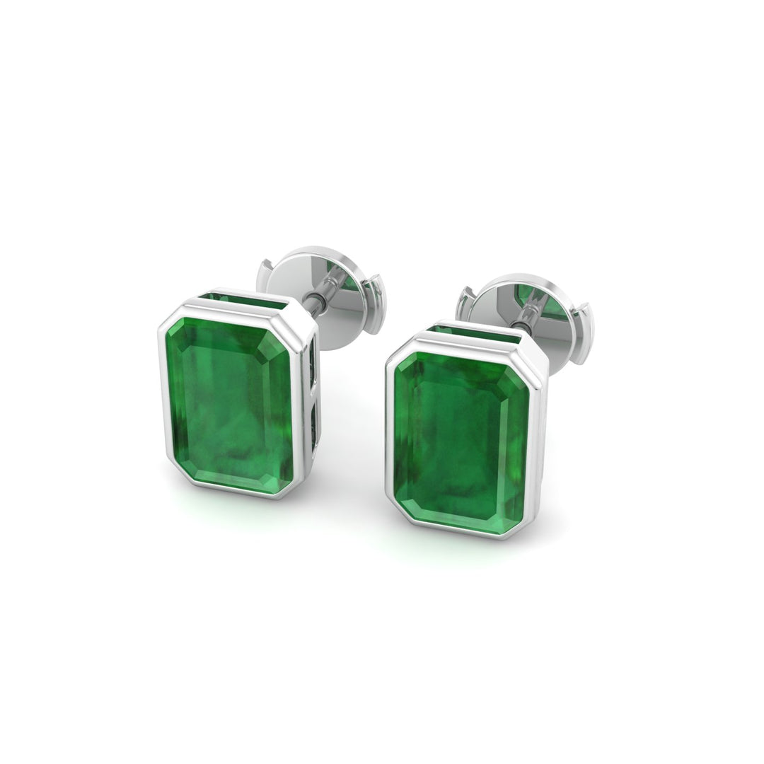 Chia - Emerald Cut Emerald Bezel Set Earrings - Gem Jewelers Co