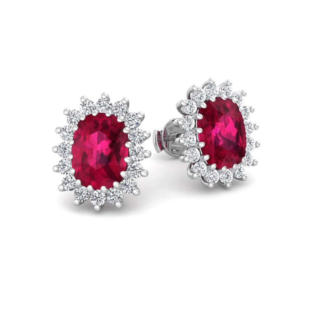 Flamme - Oval Cut Ruby and Diamond Halo Flower Style Earrings - Gem Jewelers Co