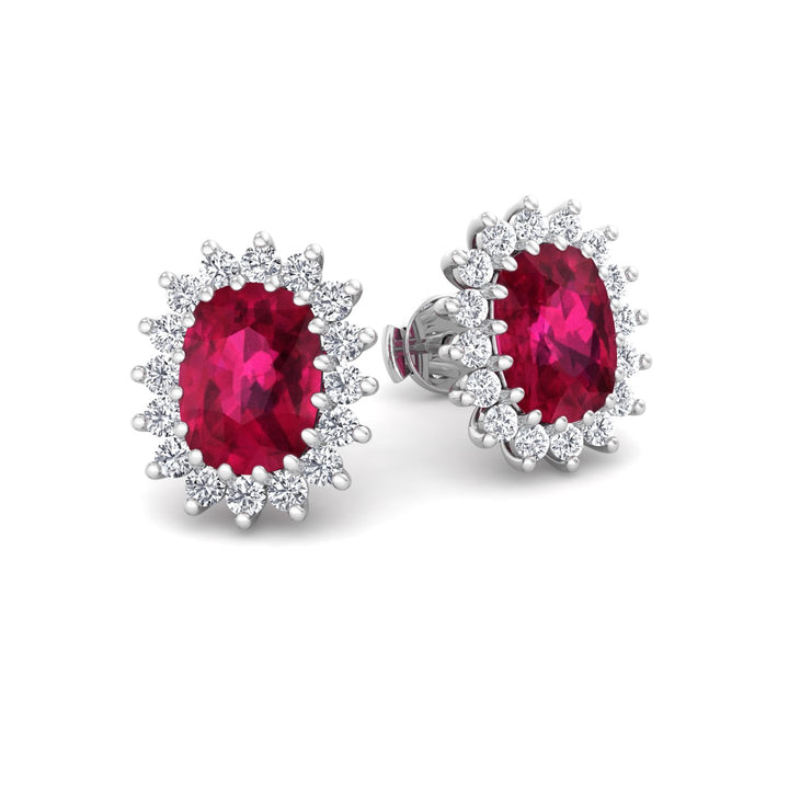 Flamme - Oval Cut Ruby and Diamond Halo Flower Style Earrings - Gem Jewelers Co