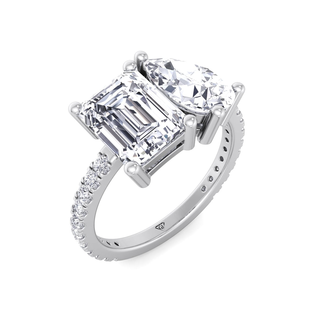 Evie - Emerald & Pear Shape Diamond Engagement Ring With Pave Band - Gem Jewelers Co