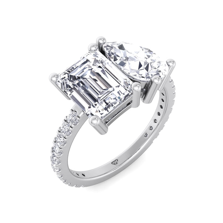 Evie - Emerald & Pear Shape Diamond Engagement Ring With Pave Band - Gem Jewelers Co