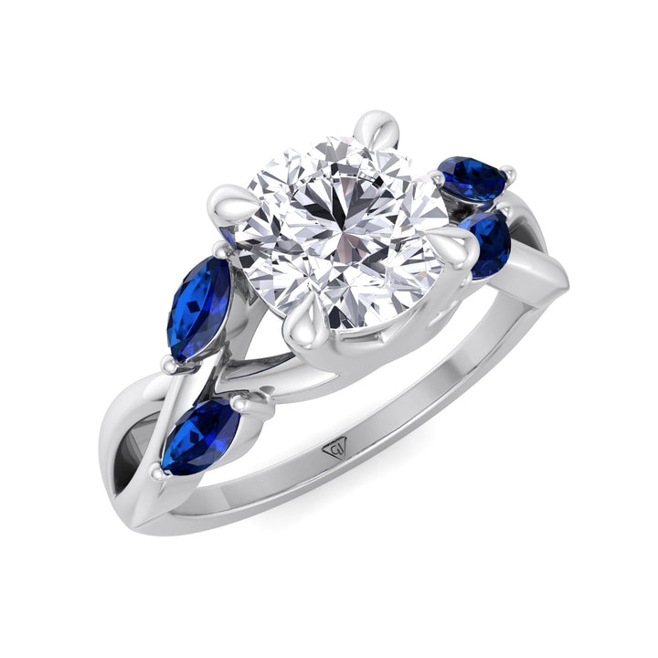 Sfera (2.85CT T.W.) - Round Cut Diamond Engagement Ring with Blue Sapphire Marquise Shape Sidestones - Gem Jewelers Co