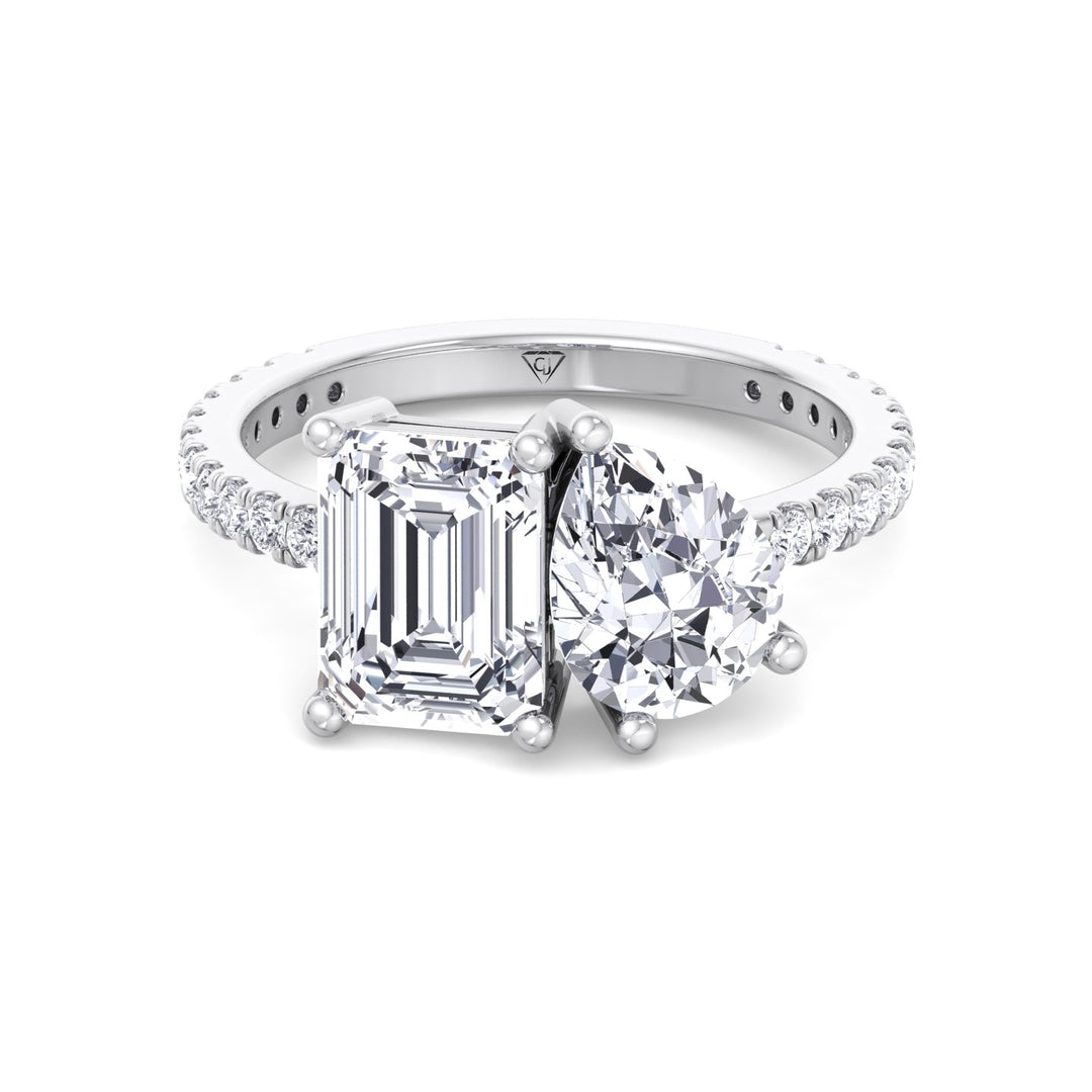 Evie - Emerald & Pear Shape Diamond Engagement Ring With Pave Band - Gem Jewelers Co