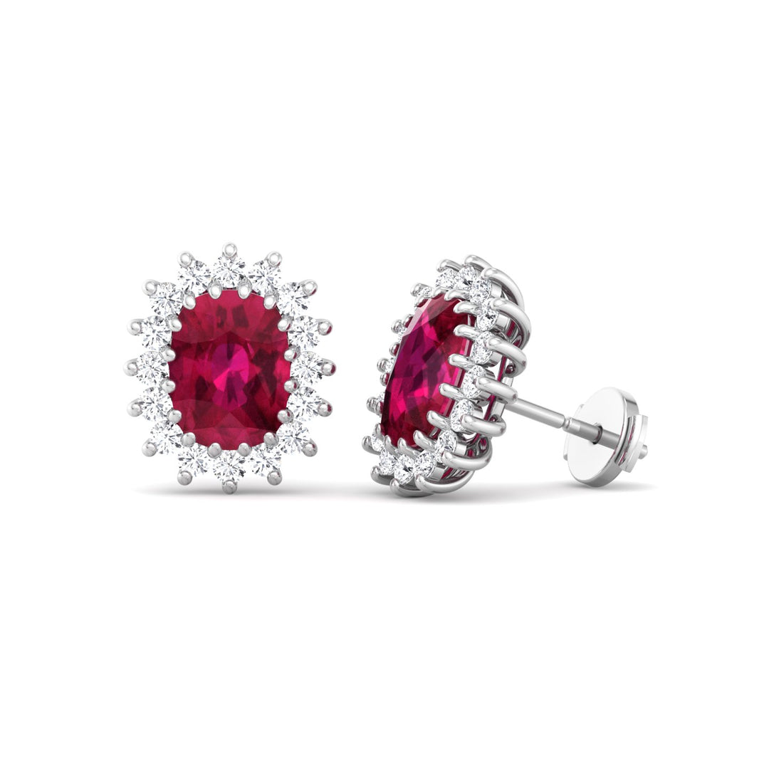Flamme - Oval Cut Ruby and Diamond Halo Flower Style Earrings - Gem Jewelers Co