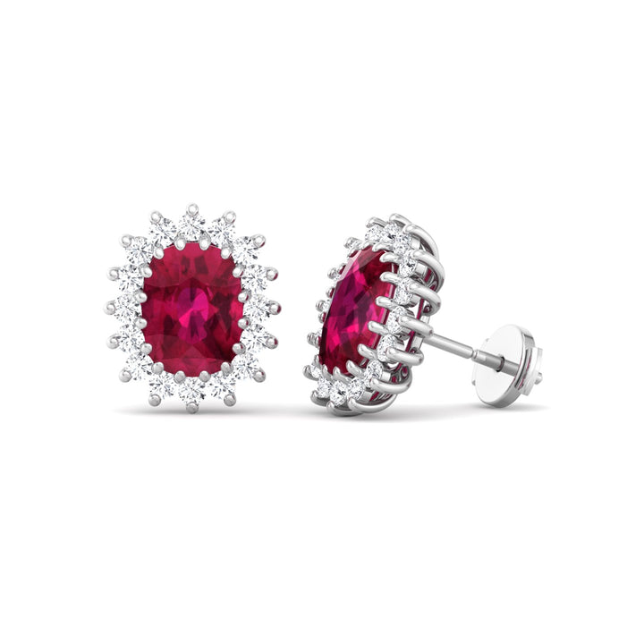 Flamme - Oval Cut Ruby and Diamond Halo Flower Style Earrings - Gem Jewelers Co